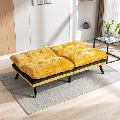 Divano letto futon convertibile in ciniglia giallo da 75,6 pollici con gambe in metallo per soggiorno