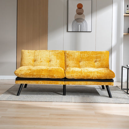 Divano letto futon convertibile in ciniglia giallo da 75,6 pollici con gambe in metallo per soggiorno