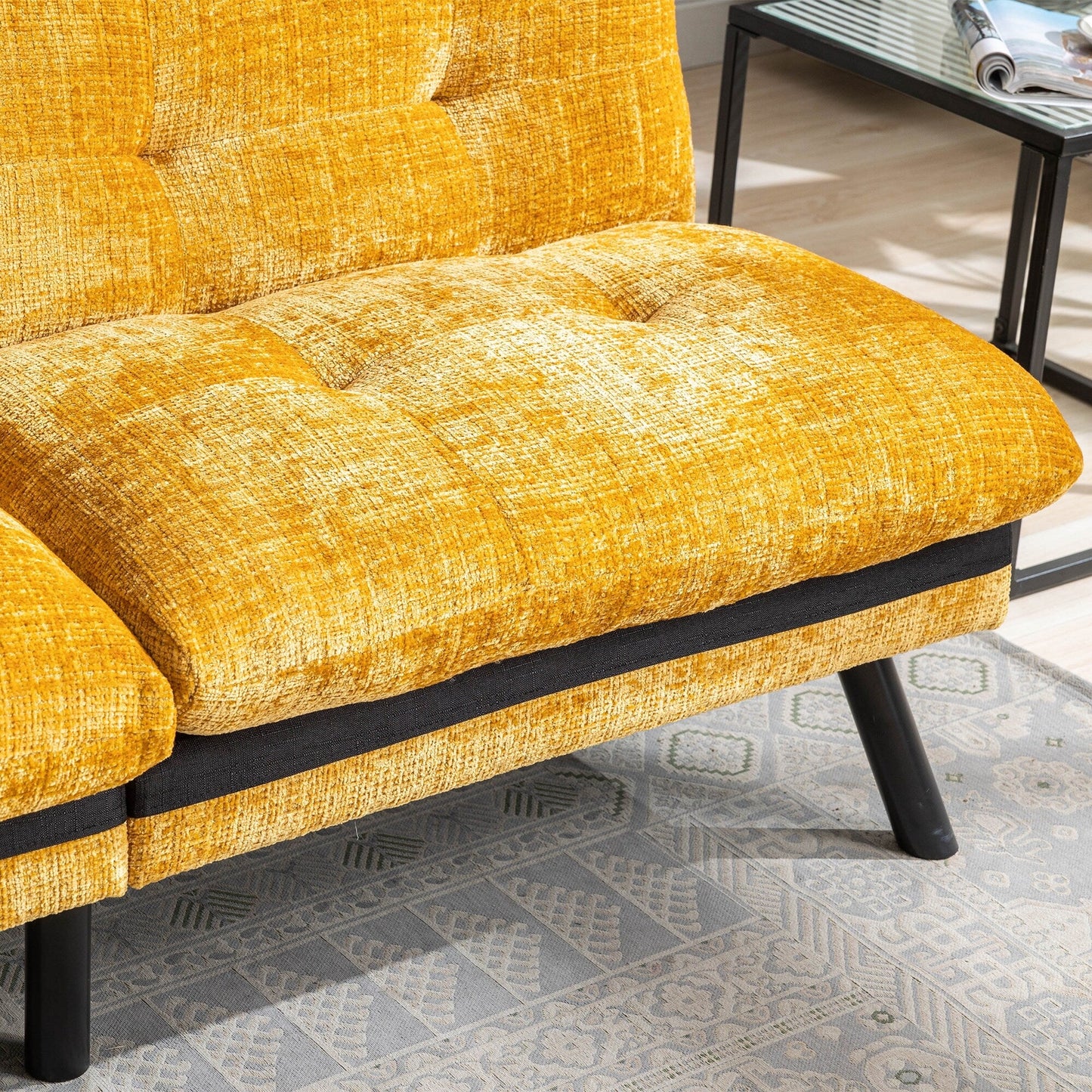 Divano letto futon convertibile in ciniglia giallo da 75,6 pollici con gambe in metallo per soggiorno