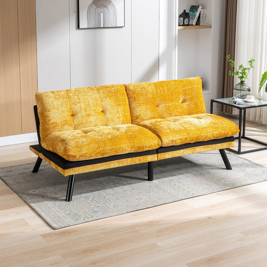 Divano letto futon convertibile in ciniglia giallo da 75,6 pollici con gambe in metallo per soggiorno