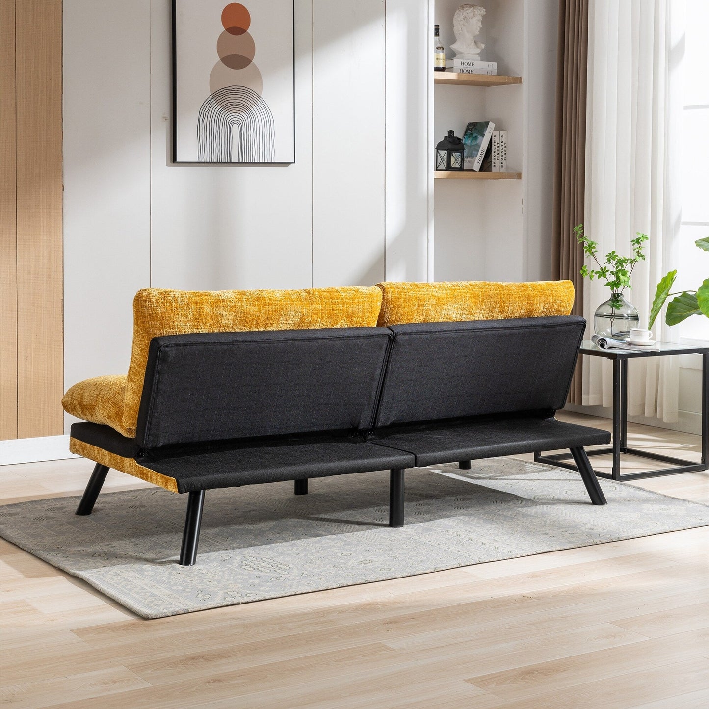 Divano letto futon convertibile in ciniglia giallo da 75,6 pollici con gambe in metallo per soggiorno