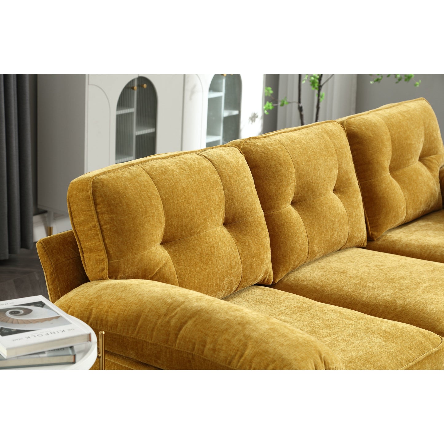 Divano a L in tessuto giallo 85 con struttura in legno, chaise longue e cuscini rinforzati a molle