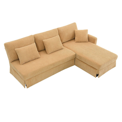 Divano a 3 posti a L giallo 87 con chaise longue reversibile e 3 cuscini, design salvaspazio per il soggiorno