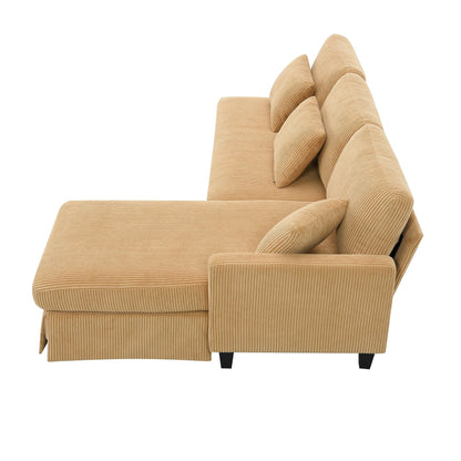 Divano a 3 posti a L giallo 87 con chaise longue reversibile e 3 cuscini, design salvaspazio per il soggiorno