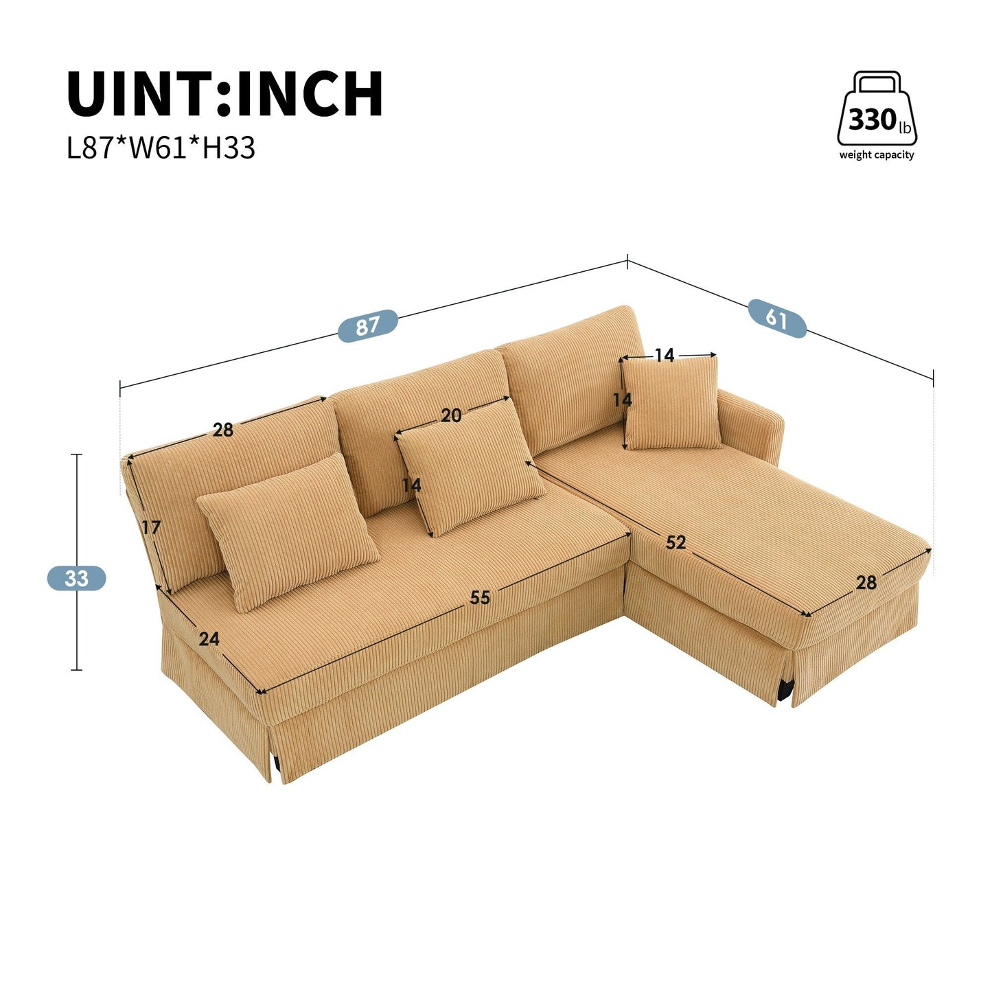 Divano a 3 posti a L giallo 87 con chaise longue reversibile e 3 cuscini, design salvaspazio per il soggiorno