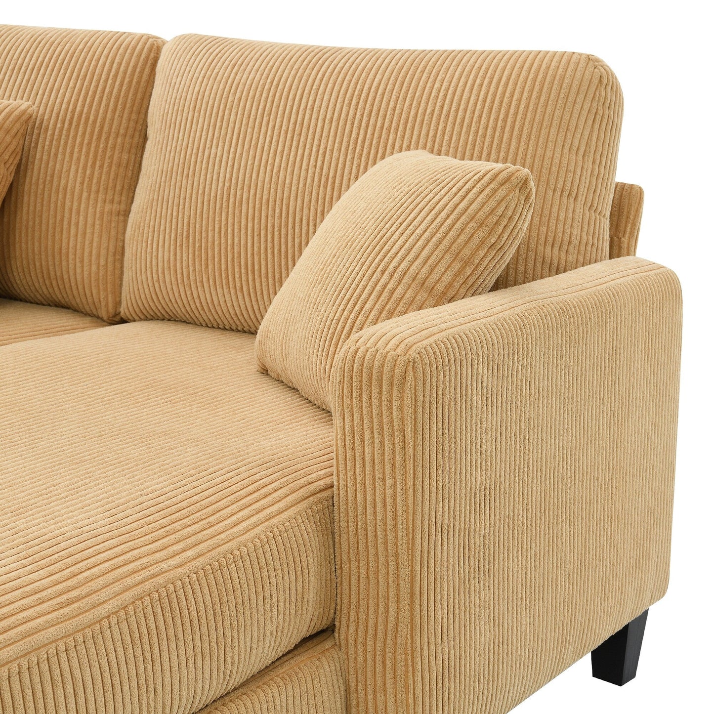 Divano a 3 posti a L giallo 87 con chaise longue reversibile e 3 cuscini, design salvaspazio per il soggiorno