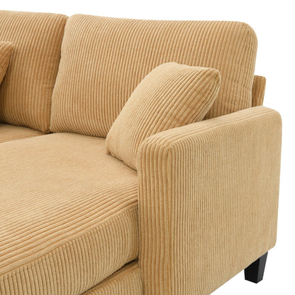 Divano a 3 posti a L giallo 87 con chaise longue reversibile e 3 cuscini, design salvaspazio per il soggiorno