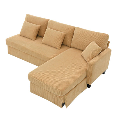 Divano a 3 posti a L giallo 87 con chaise longue reversibile e 3 cuscini, design salvaspazio per il soggiorno