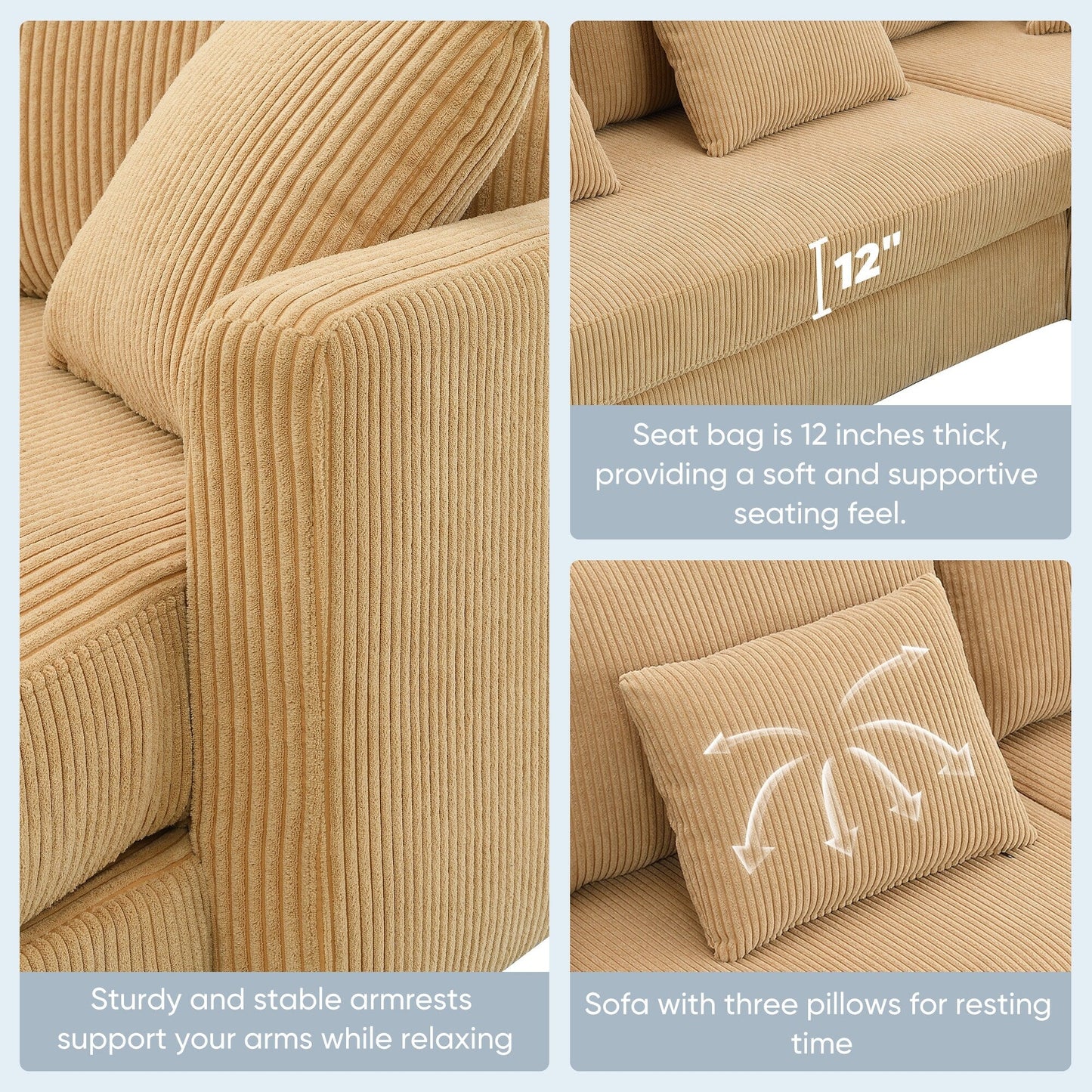 Divano a 3 posti a L giallo 87 con chaise longue reversibile e 3 cuscini, design salvaspazio per il soggiorno