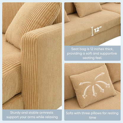 Divano a 3 posti a L giallo 87 con chaise longue reversibile e 3 cuscini, design salvaspazio per il soggiorno