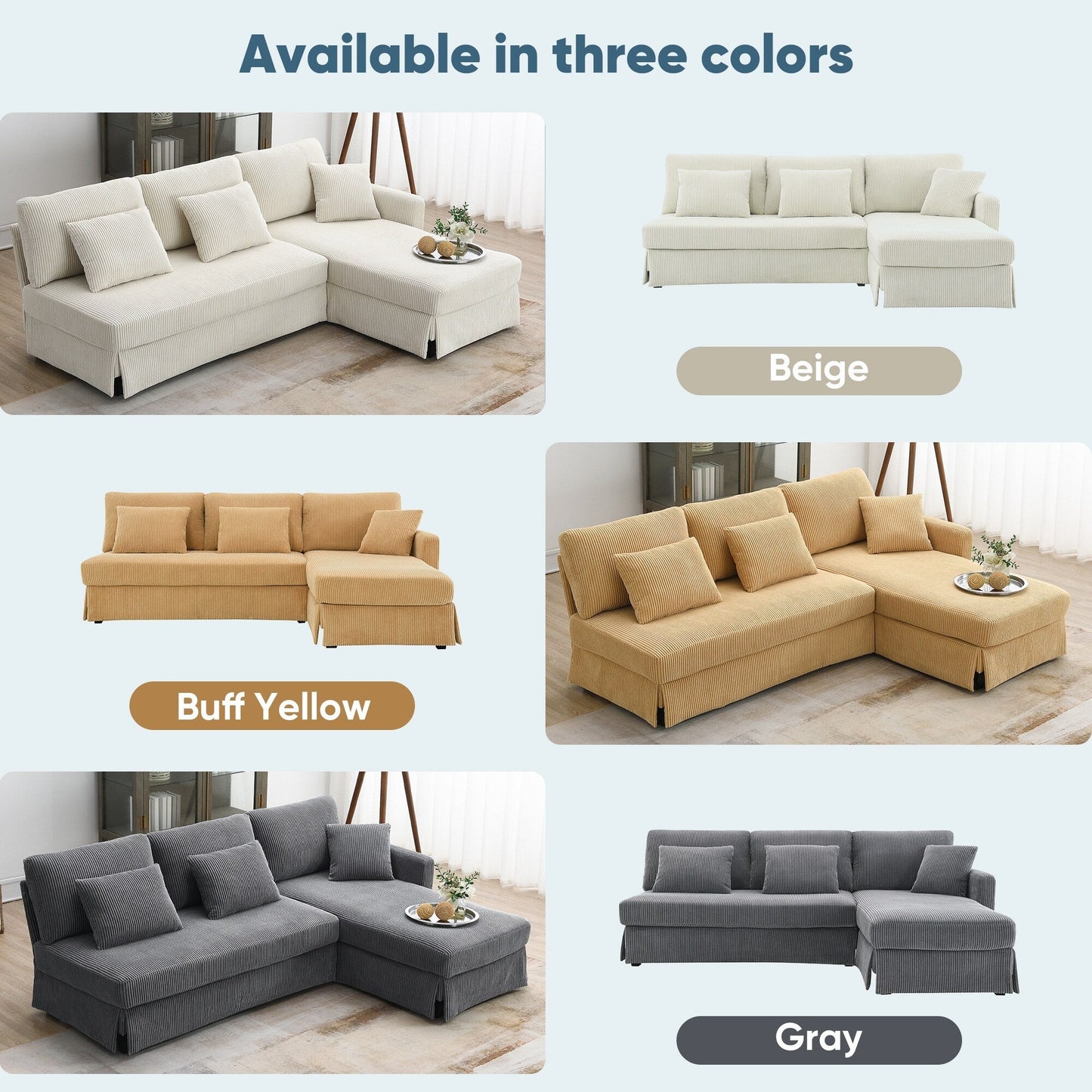 Divano a 3 posti a L giallo 87 con chaise longue reversibile e 3 cuscini, design salvaspazio per il soggiorno