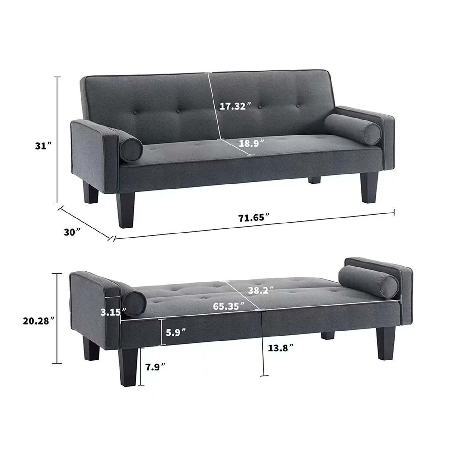 Divano letto futon convertibile giallo a 3 posti con gambe in legno