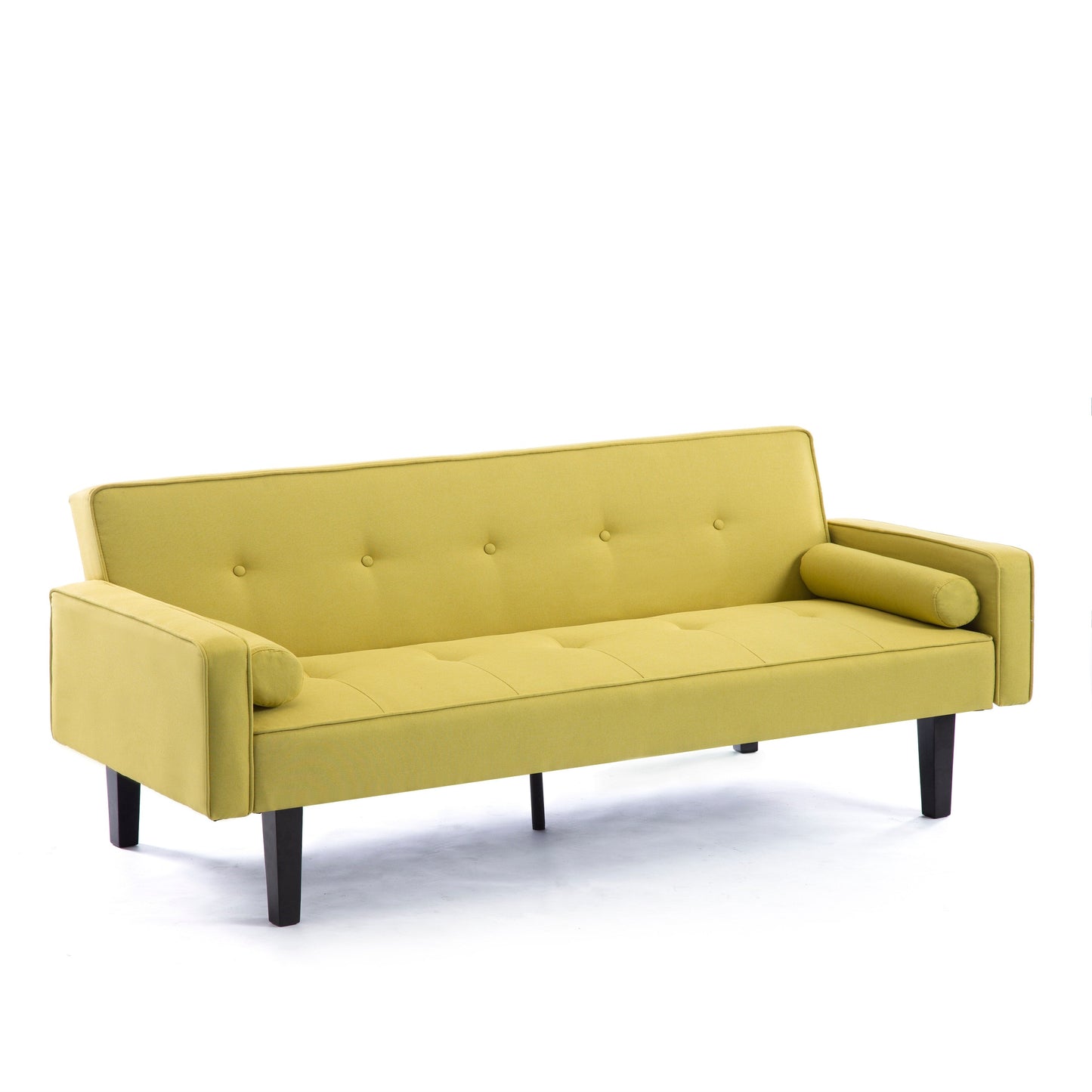 Divano letto futon convertibile giallo a 3 posti con gambe in legno