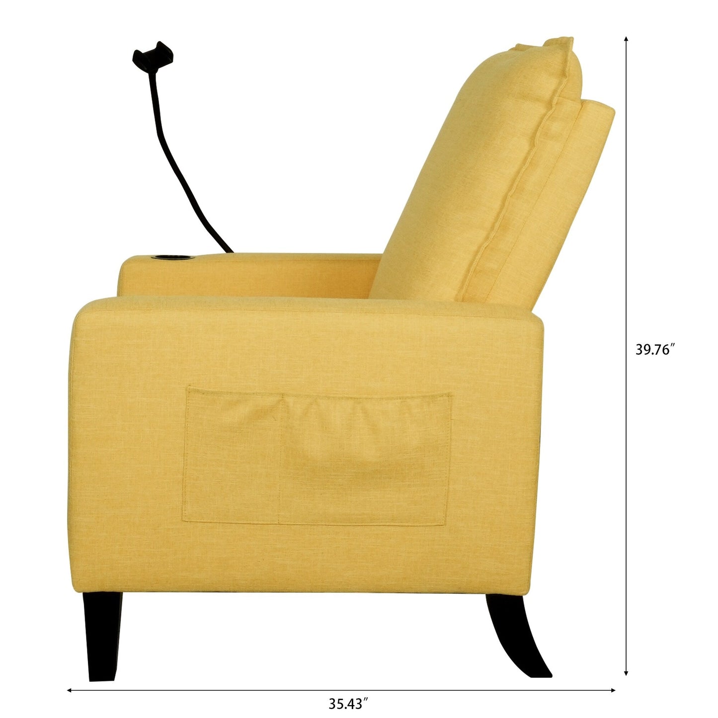 Poltrona reclinabile manuale moderna in tessuto giallo con porta cellulare, portabicchieri e poggiapiedi