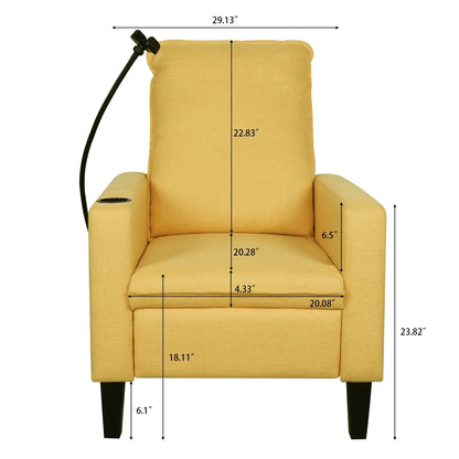 Poltrona reclinabile manuale moderna in tessuto giallo con porta cellulare, portabicchieri e poggiapiedi