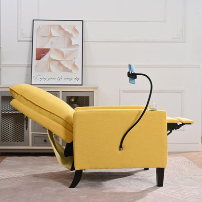 Poltrona reclinabile manuale moderna in tessuto giallo con porta cellulare, portabicchieri e poggiapiedi