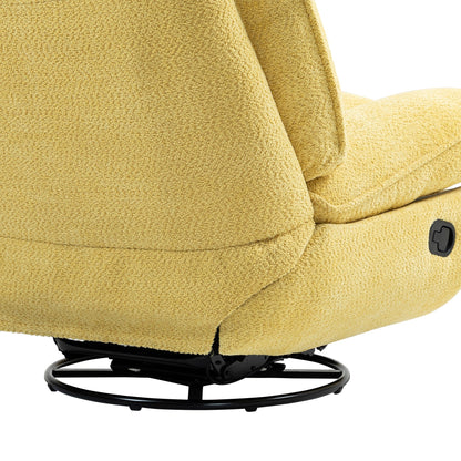 Poltrona reclinabile manuale girevole a 360° con rivestimento in ciniglia gialla di grandi dimensioni, poggiapiedi esteso e schienale imbottito