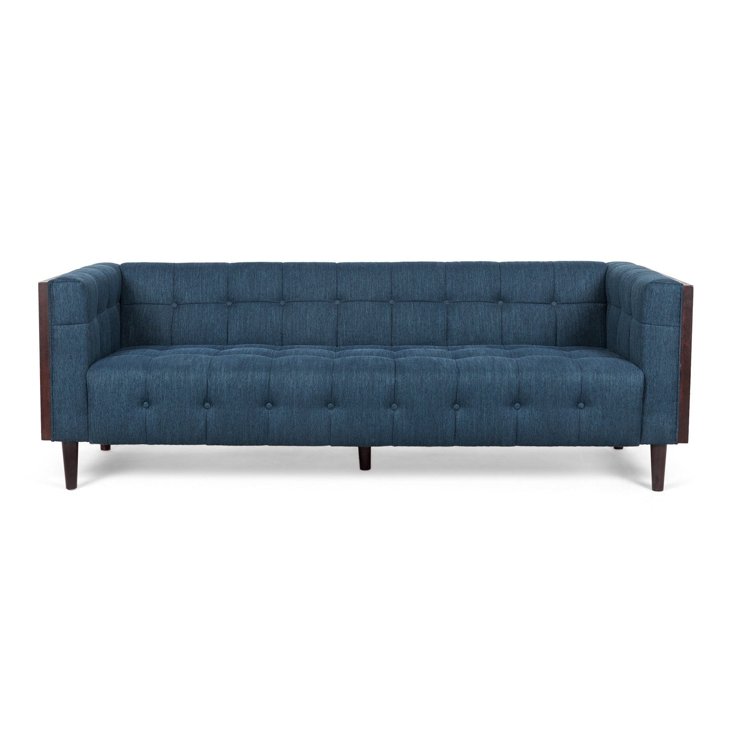 Divano Yuro, 3 posti, Chesterfield con bottoni, capitonné, 90 pollici, tessuto blu