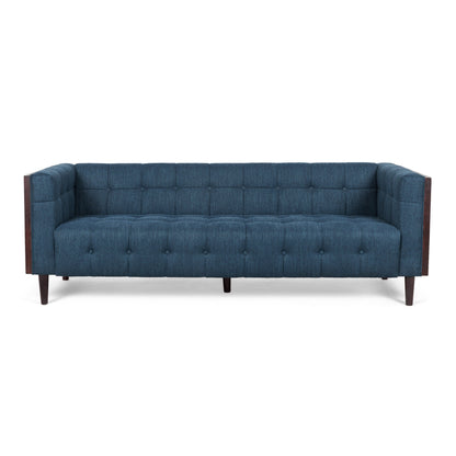 Divano Yuro, 3 posti, Chesterfield con bottoni, capitonné, 90 pollici, tessuto blu