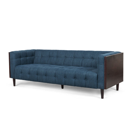 Divano Yuro, 3 posti, Chesterfield con bottoni, capitonné, 90 pollici, tessuto blu