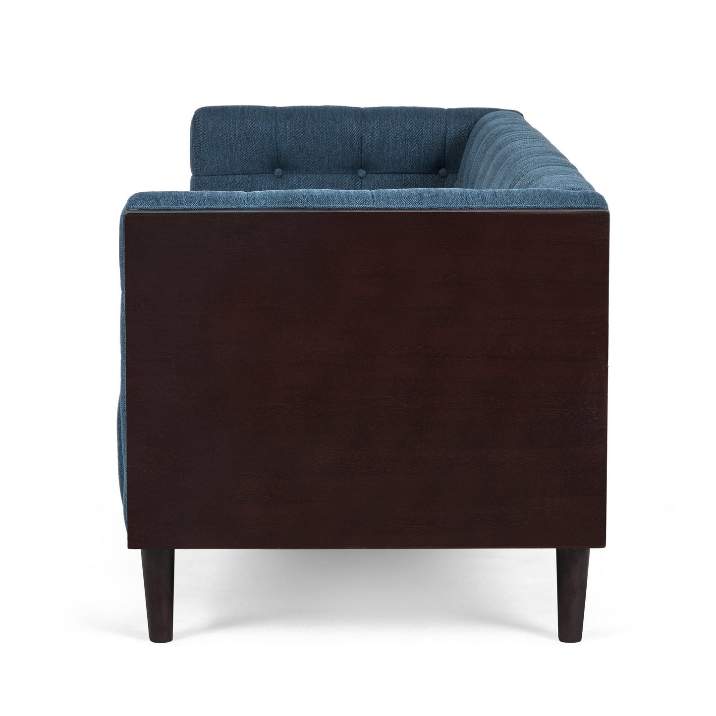 Divano Yuro, 3 posti, Chesterfield con bottoni, capitonné, 90 pollici, tessuto blu