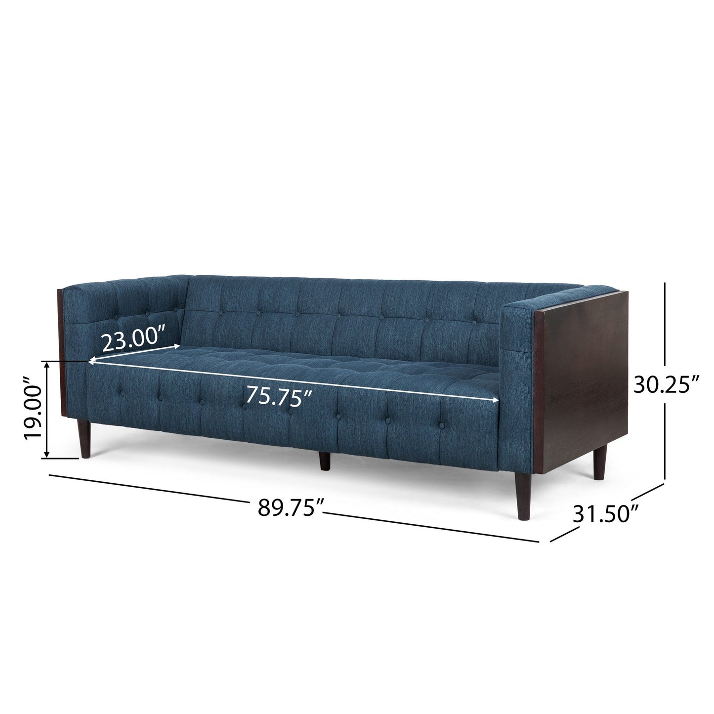Divano Yuro, 3 posti, Chesterfield con bottoni, capitonné, 90 pollici, tessuto blu