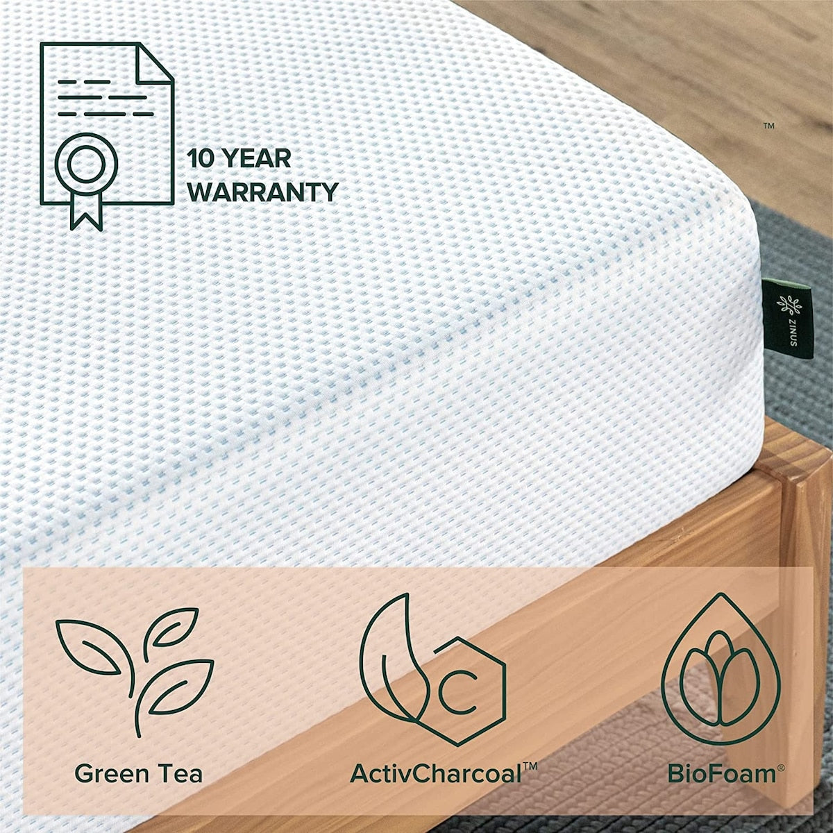 Materasso in memory foam con gel rinfrescante al tè verde ZINUS da 10 pollici, schiuma di gel rinfrescante, allevia la pressione, certificato CertiPUR-US