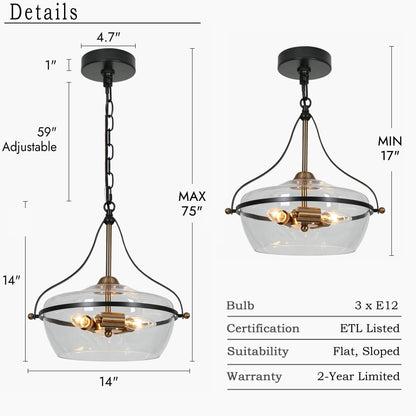 Lampadario Zelena Modern Farmhouse in vetro nero e oro a 3 luci per isola cucina sala da pranzo