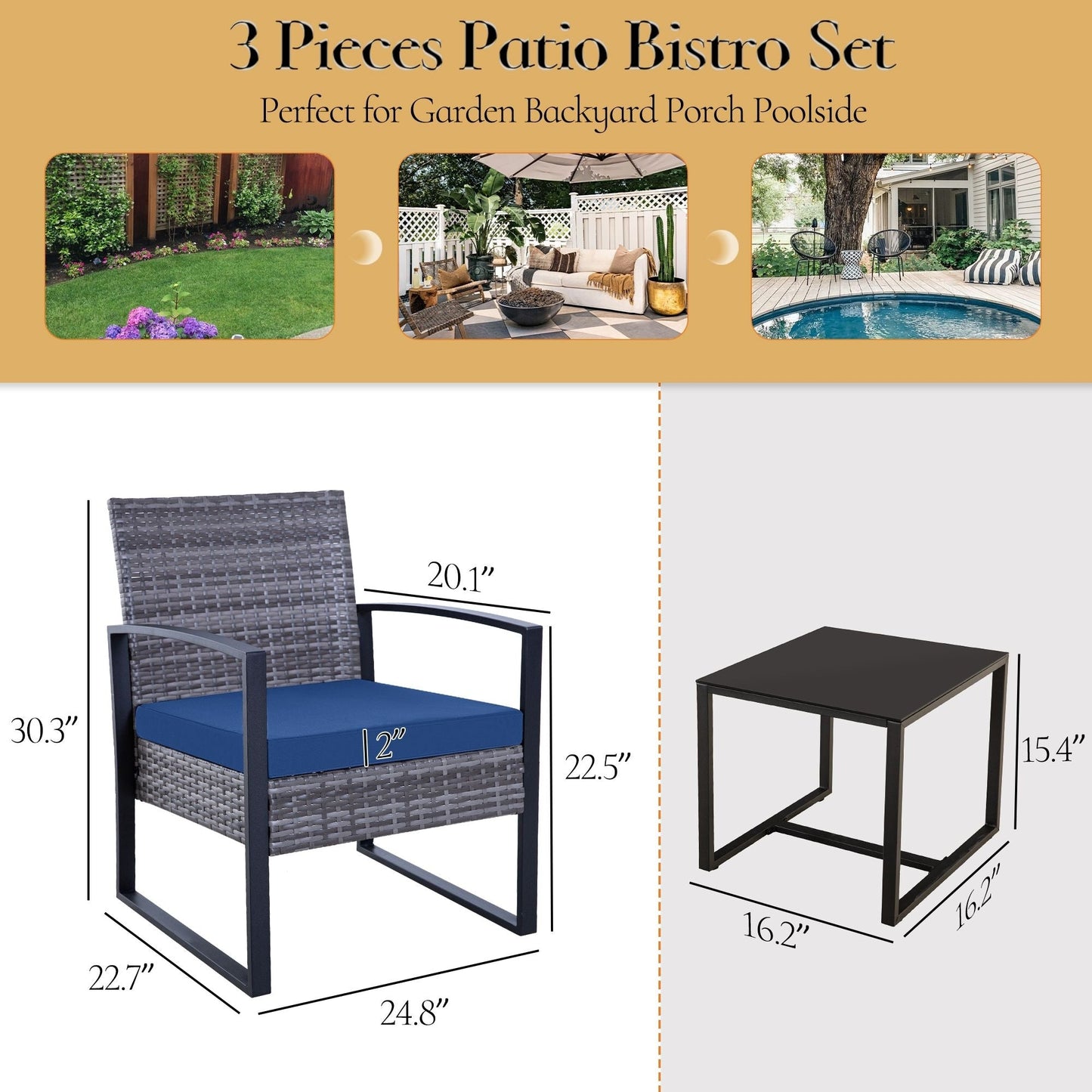 Set da giardino Zenova da 3 pezzi, tavolo e sedie in vimini, set da 2, mobili da balcone in rattan resistenti alle intemperie