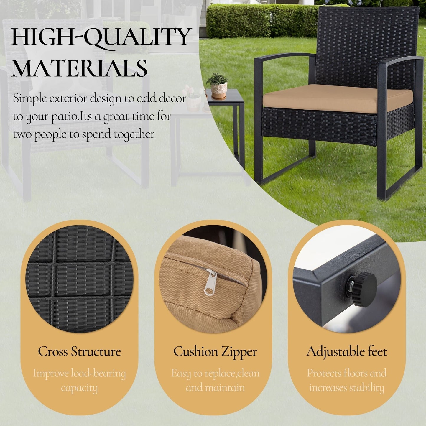 Set da giardino Zenova da 3 pezzi, tavolo e sedie in vimini, set da 2, mobili da balcone in rattan resistenti alle intemperie