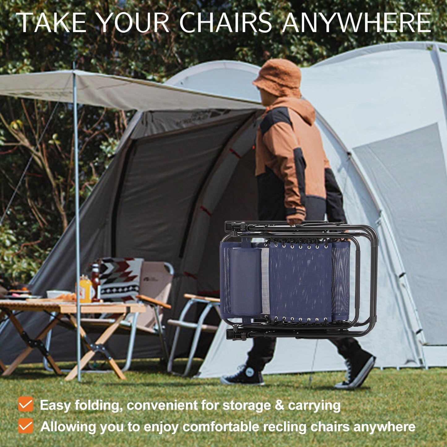 Poltrona reclinabile pieghevole da esterno Zero Gravity Lounge Chair con poggiatesta, portabicchieri e vassoio rimovibile