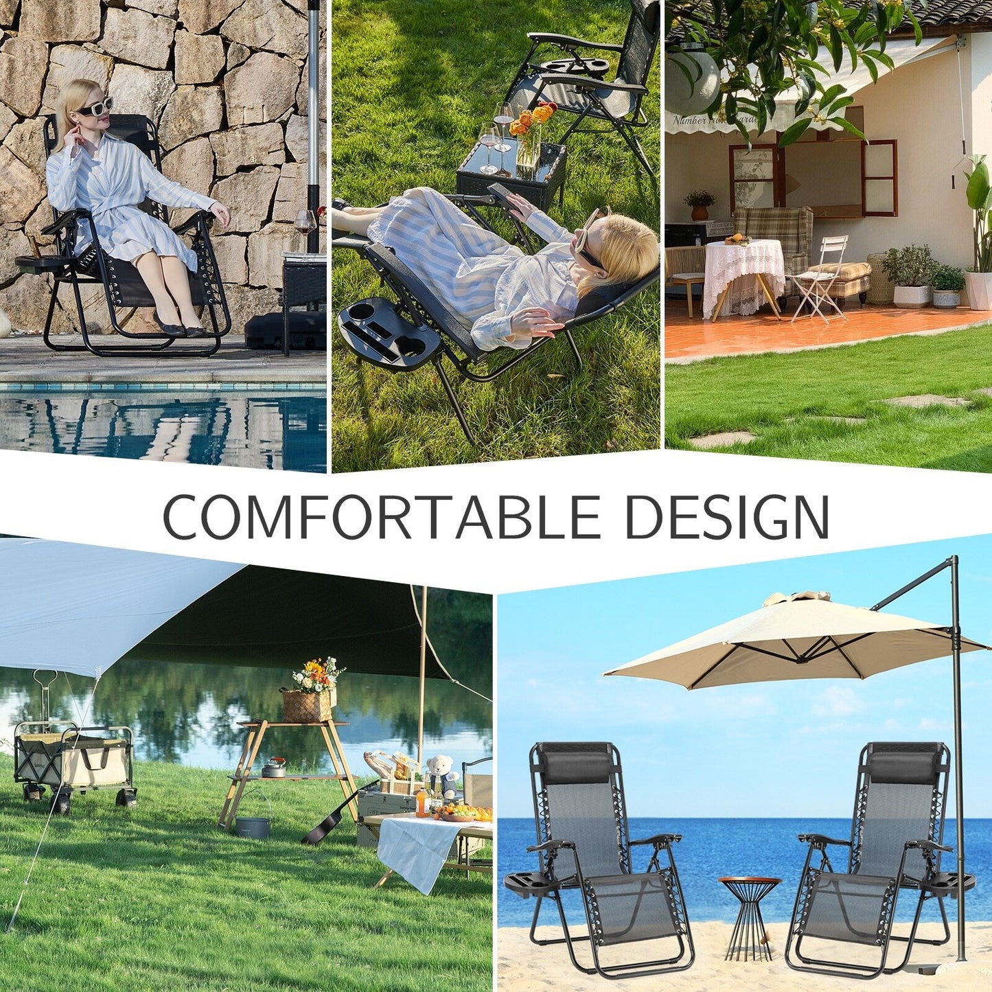 Poltrona reclinabile pieghevole da esterno Zero Gravity Lounge Chair con poggiatesta, portabicchieri e vassoio rimovibile