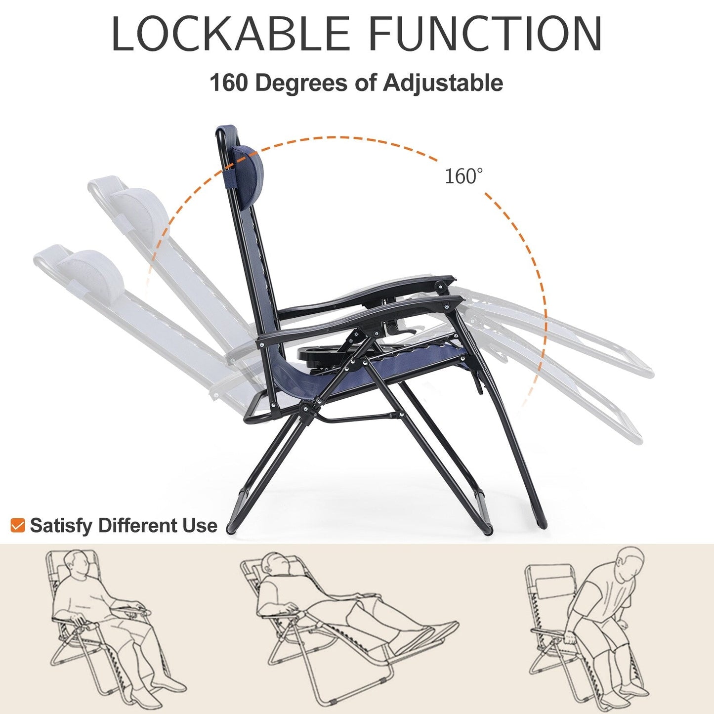 Poltrona reclinabile pieghevole da esterno Zero Gravity Lounge Chair con poggiatesta, portabicchieri e vassoio rimovibile