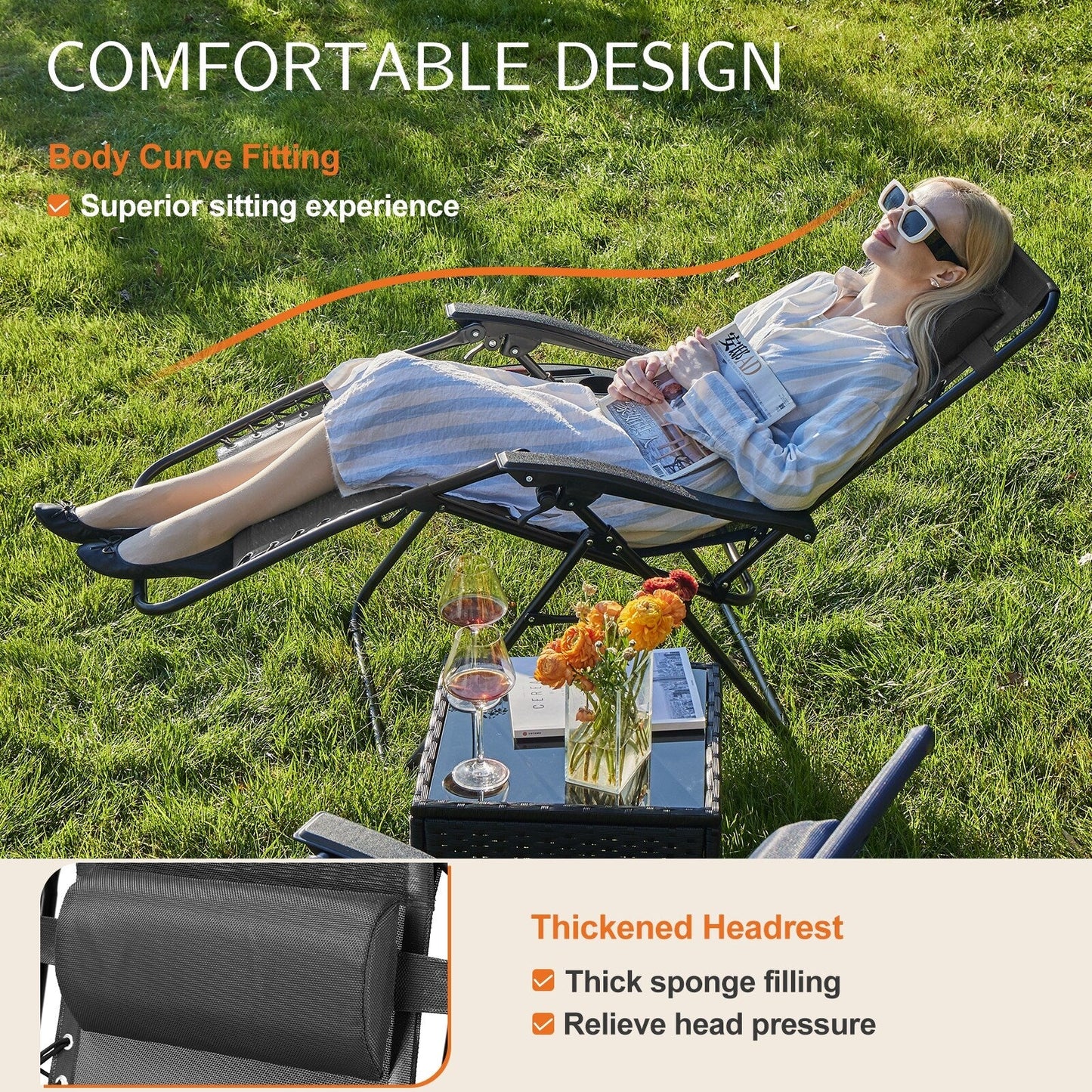 Poltrona reclinabile pieghevole da esterno Zero Gravity Lounge Chair con poggiatesta, portabicchieri e vassoio rimovibile