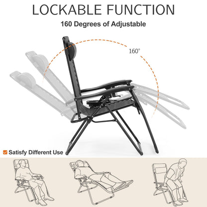 Poltrona reclinabile pieghevole da esterno Zero Gravity Lounge Chair con poggiatesta, portabicchieri e vassoio rimovibile