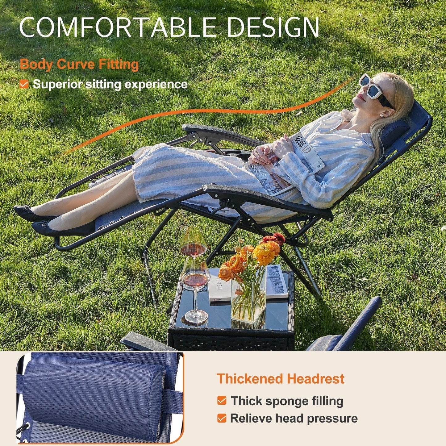 Poltrona reclinabile pieghevole da esterno Zero Gravity Lounge Chair con poggiatesta, portabicchieri e vassoio rimovibile