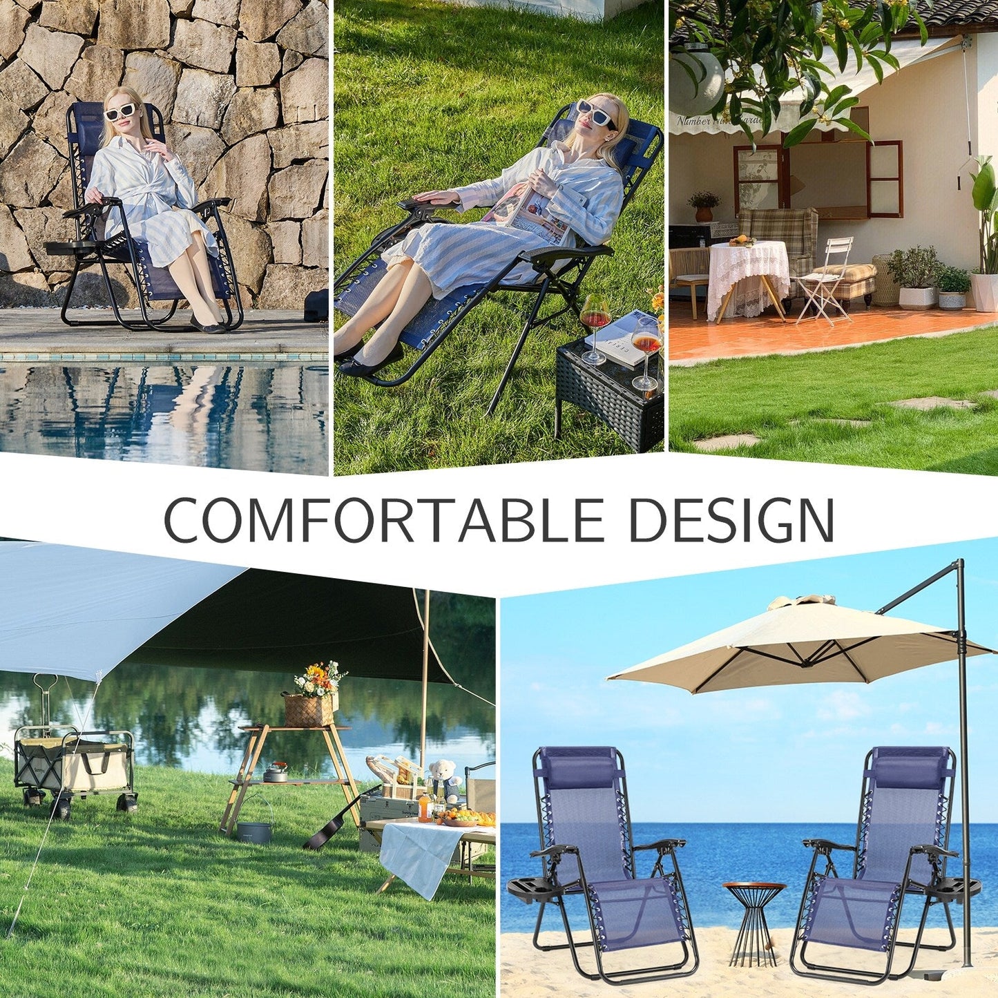Poltrona reclinabile pieghevole da esterno Zero Gravity Lounge Chair con poggiatesta, portabicchieri e vassoio rimovibile
