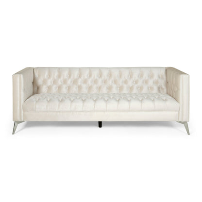 Divano Zexy, 3 posti, capitonné, Chesterfield, velluto beige, cromato