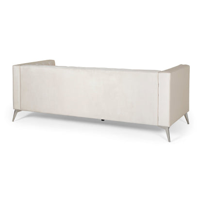 Divano Zexy, 3 posti, capitonné, Chesterfield, velluto beige, cromato