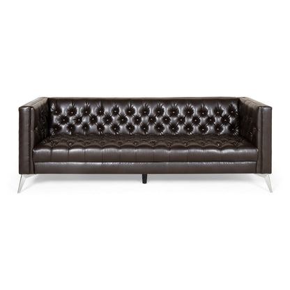 Divano Zexy, Chesterfield a 3 posti con bottoni, capitonné, in similpelle marrone intenso