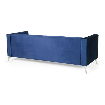 Divano Zexy, 3 posti Chesterfield con braccioli trapuntati, velluto blu