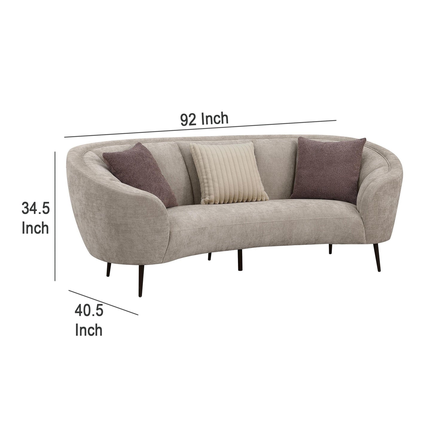 Divano curvo Zui, 92 pollici, tessuto beige, design rotondo, 3 cuscini decorativi