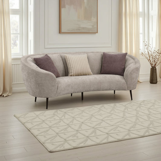 Divano curvo Zui, 92 pollici, tessuto beige, design rotondo, 3 cuscini decorativi