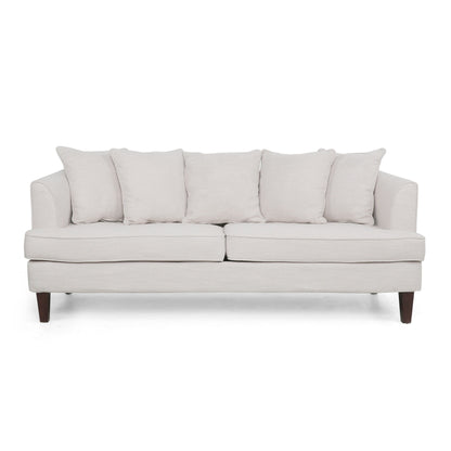 Divano a 3 posti Zuko da 74 pollici, tessuto beige, 5 cuscini decorativi, gambe in legno