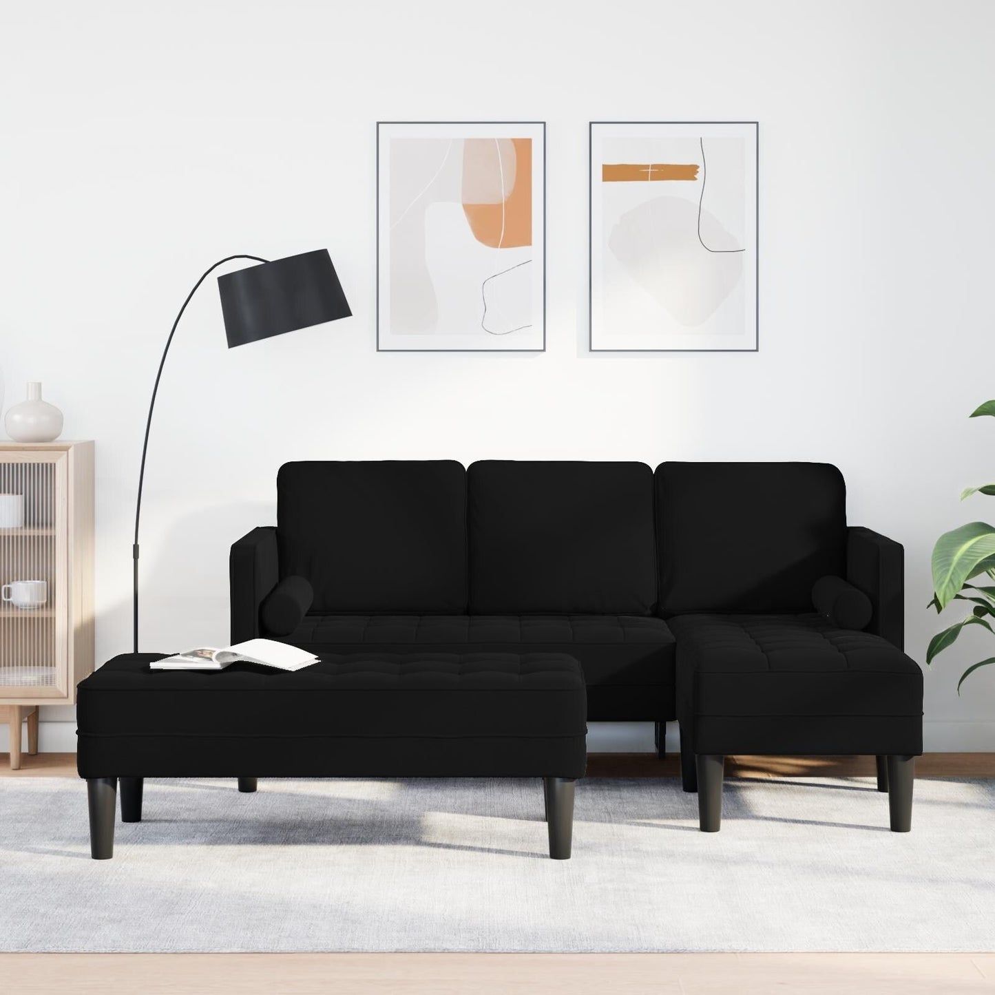 vidaXL Divano da giardino a L in velluto nero/grigio scuro/grigio chiaro - 68,1 x 51,6 x 26,4