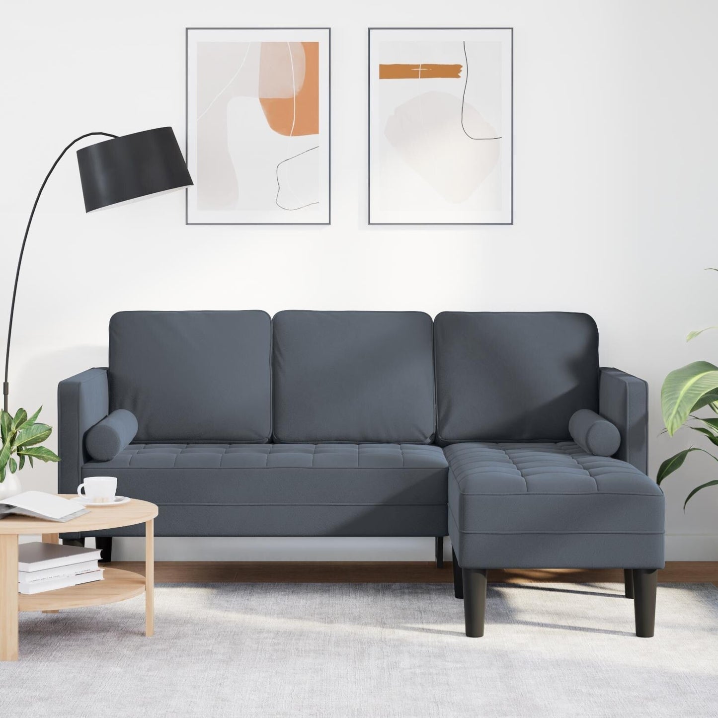 vidaXL Divano da giardino a L in velluto nero/grigio scuro/grigio chiaro - 68,1 x 51,6 x 26,4