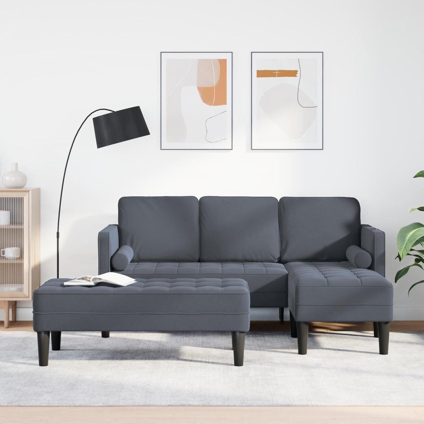 vidaXL Divano da giardino a L in velluto nero/grigio scuro/grigio chiaro - 68,1 x 51,6 x 26,4