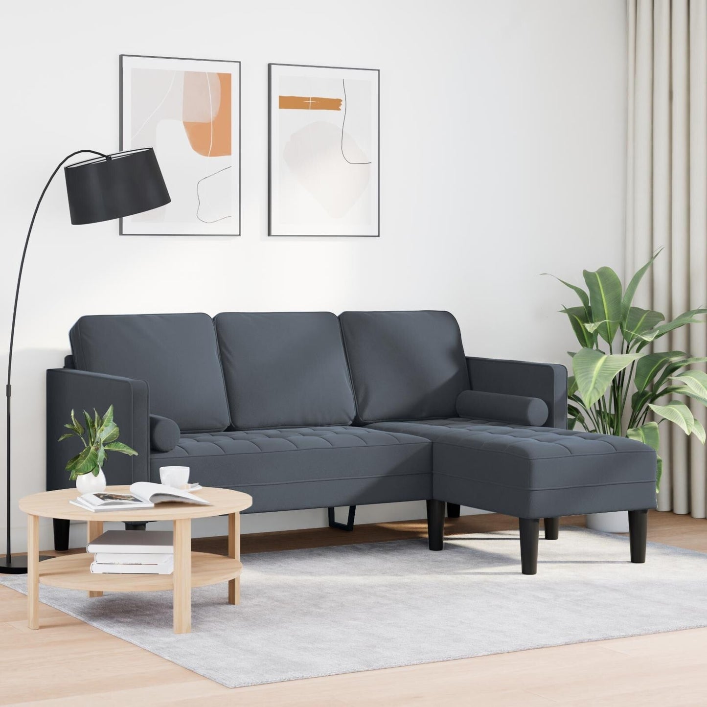vidaXL Divano da giardino a L in velluto nero/grigio scuro/grigio chiaro - 68,1 x 51,6 x 26,4